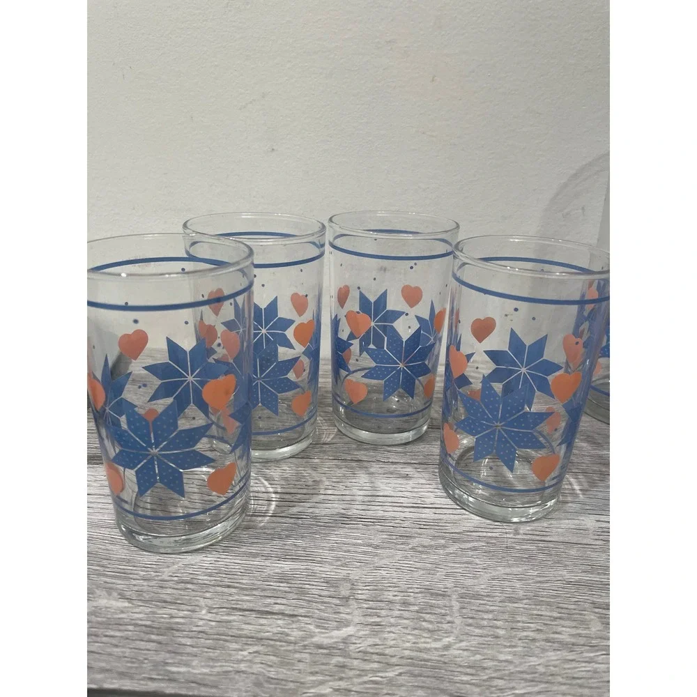 Vintage Libbey Juice Glasses Set of 4 Blue quilted Star Peach Heart Folk Art 4